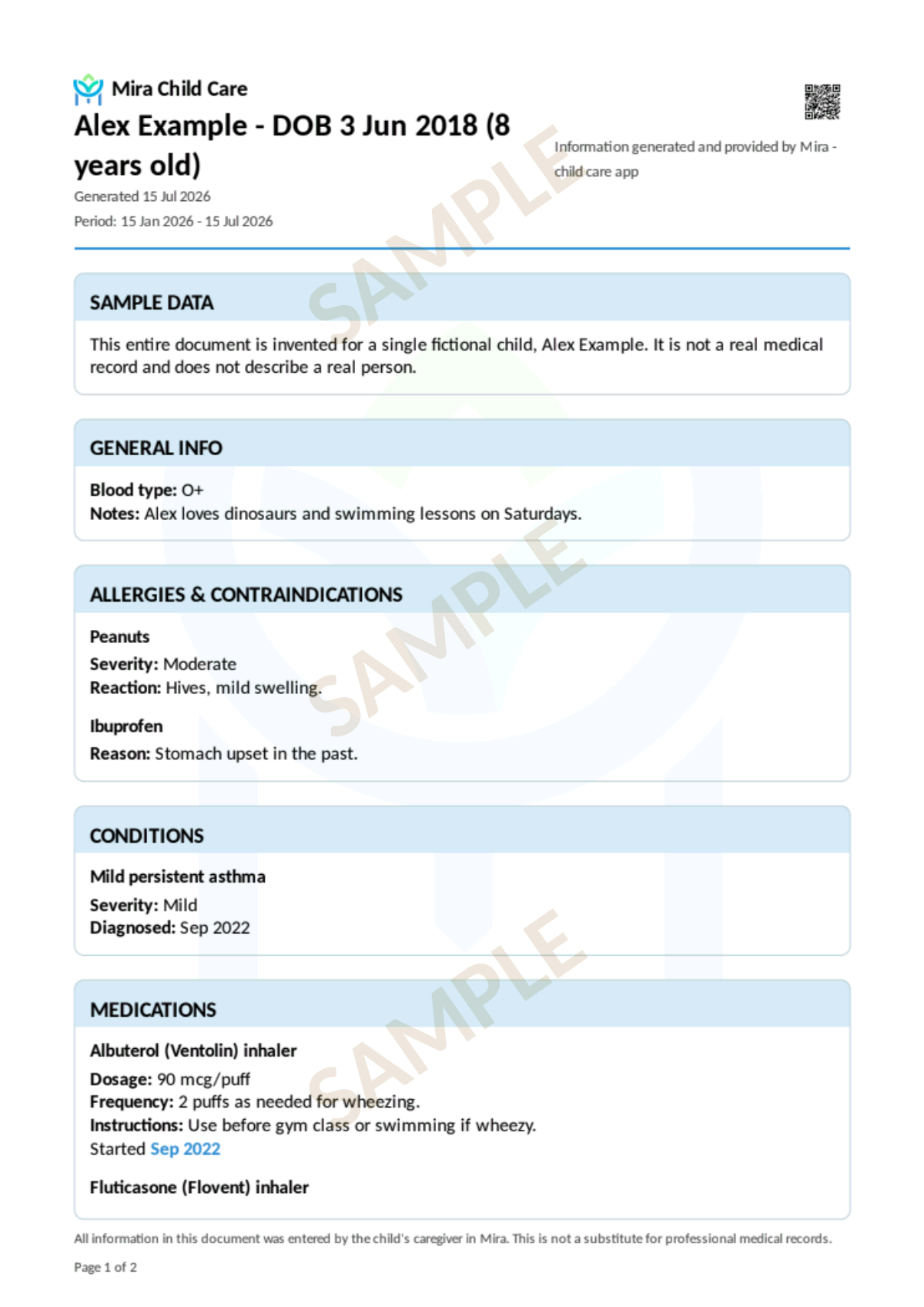 Page one of a sample Mira doctor report for a fictional child,
                 Alex Example. A gold SAMPLE banner across the top of the document
                 states the child and every detail are invented for illustration
                 only. Sections below list allergies, a condition, two medications
                 with dosing, and one therapy note, each in a bordered card with a
                 pale blue header band.
